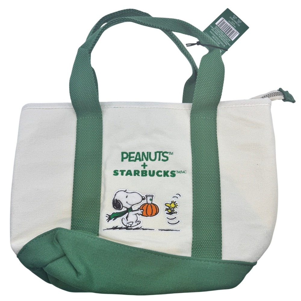 Starbucks Peanuts Snoopy Canvas Mini Tote Bag Green White Embroidered NWT